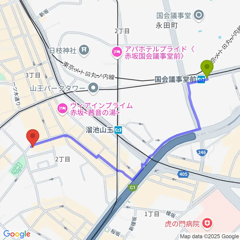 国会議事堂前駅から赤坂G's barへのルートマップ地図