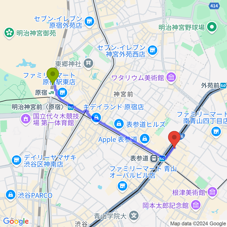 原宿駅から表参道ジャズバードへのルートマップ地図