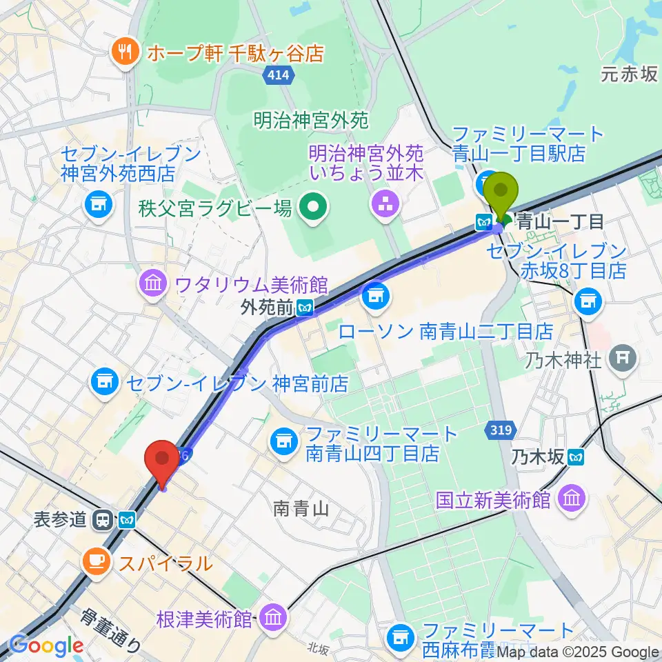 青山一丁目駅から表参道ジャズバードへのルートマップ地図