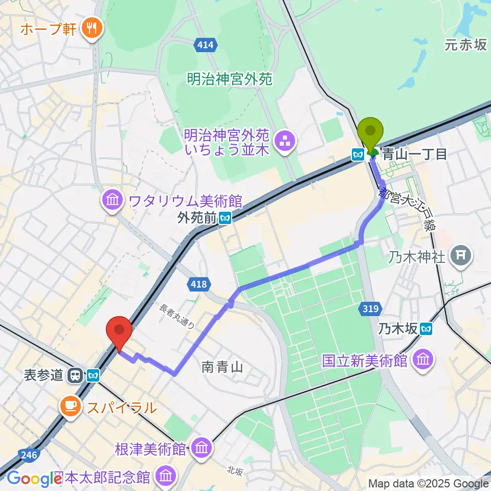 青山一丁目駅から表参道ジャズバードへのルートマップ地図