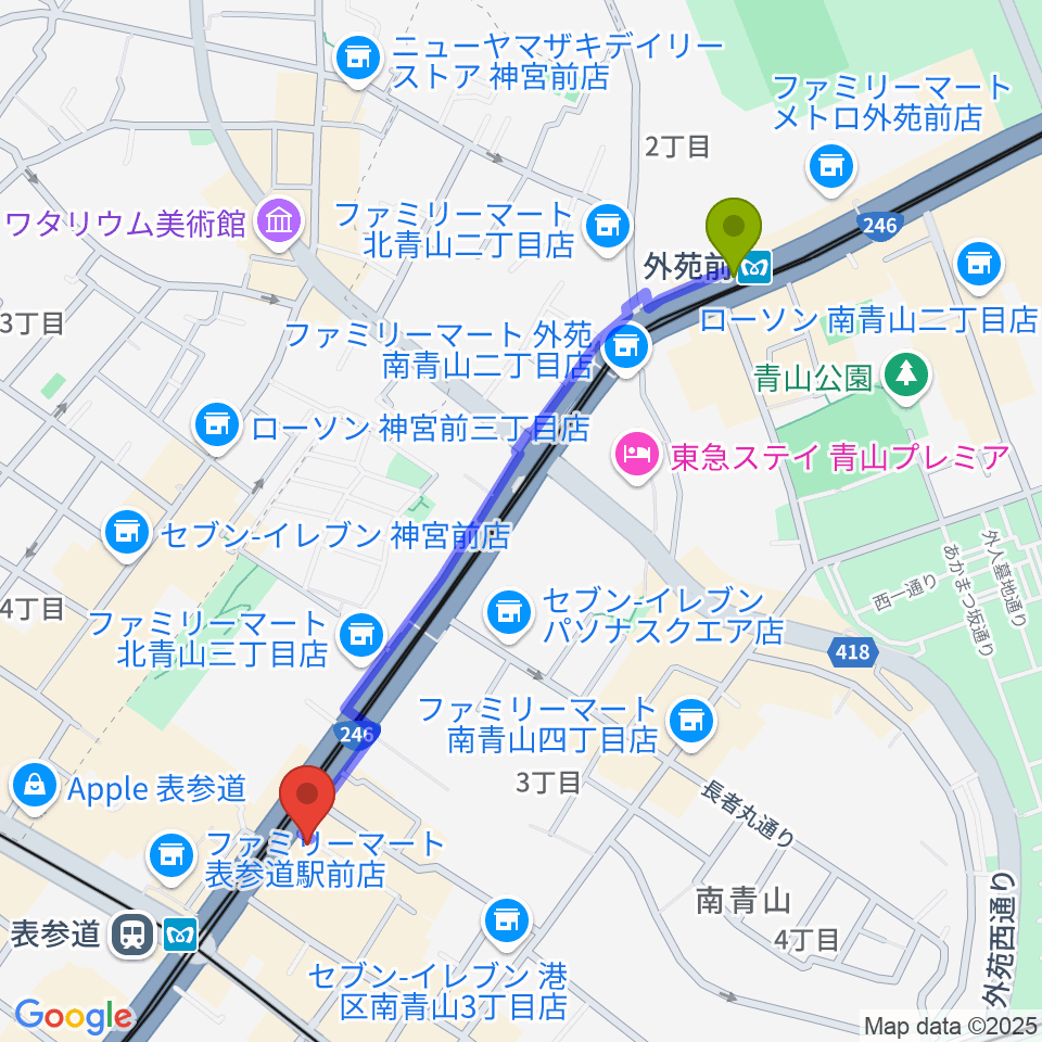 外苑前駅から表参道ジャズバードへのルートマップ地図