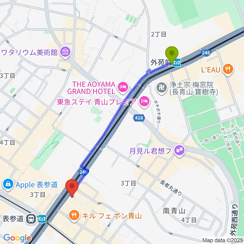 外苑前駅から表参道ジャズバードへのルートマップ地図