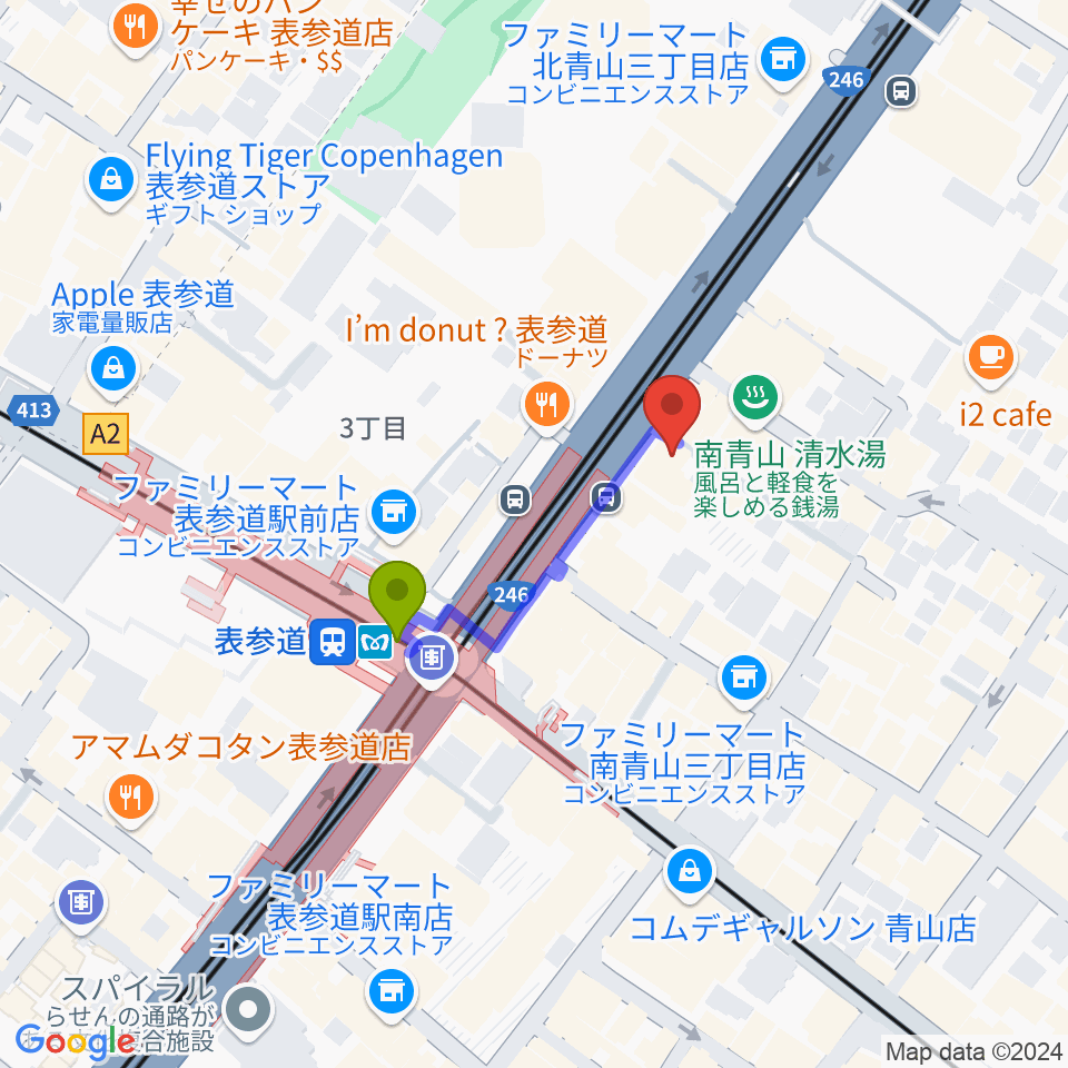 表参道ジャズバードの最寄駅表参道駅からの徒歩ルート（約2分）地図