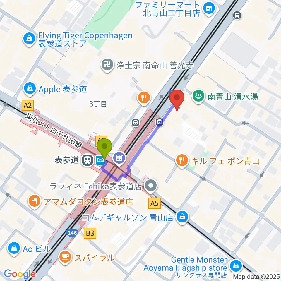 表参道ジャズバードの最寄駅表参道駅からの徒歩ルート（約2分）地図