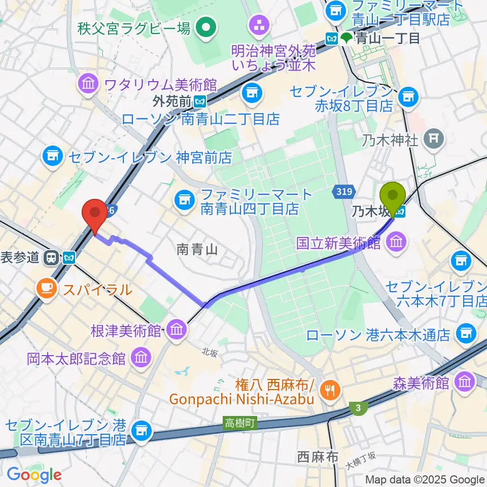 乃木坂駅から表参道ジャズバードへのルートマップ地図