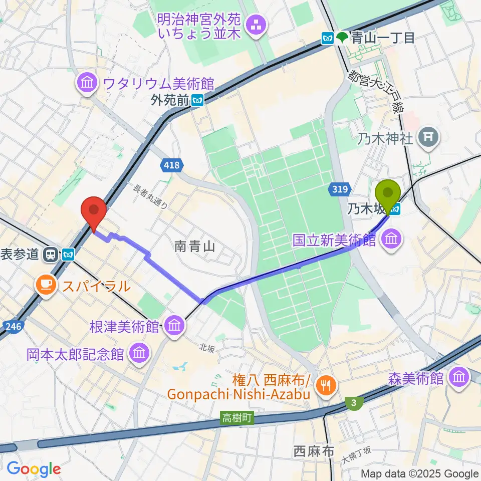 乃木坂駅から表参道ジャズバードへのルートマップ地図