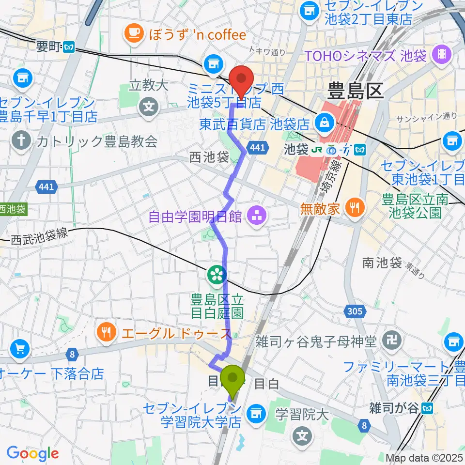 目白駅から池袋フリーフローランチへのルートマップ地図