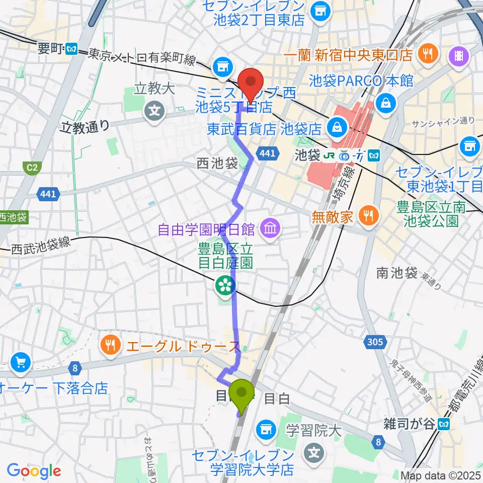 目白駅から池袋フリーフローランチへのルートマップ地図