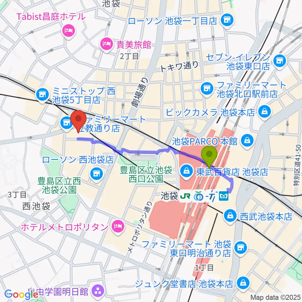 池袋フリーフローランチの最寄駅池袋駅からの徒歩ルート（約7分）地図