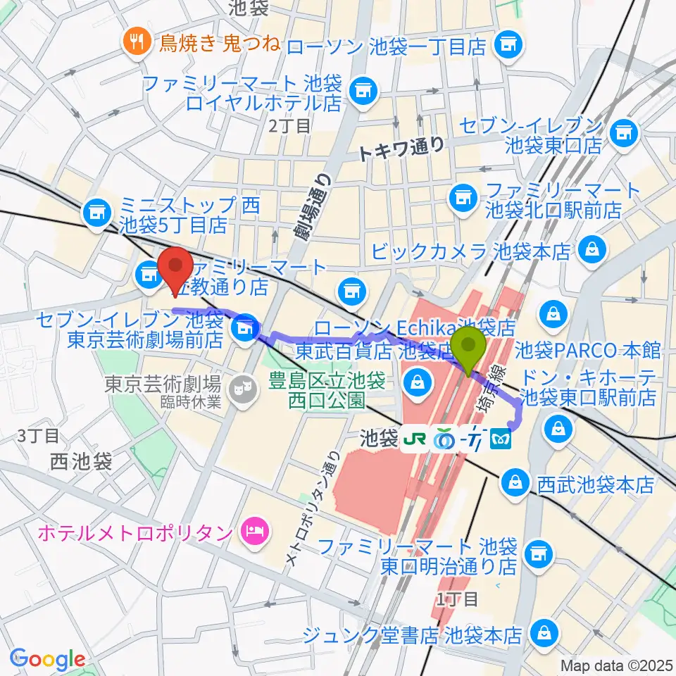 池袋フリーフローランチの最寄駅池袋駅からの徒歩ルート（約7分）地図