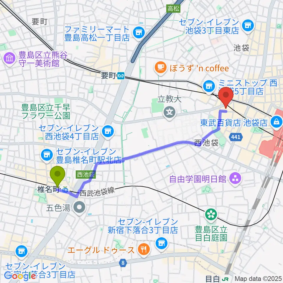椎名町駅から池袋フリーフローランチへのルートマップ地図