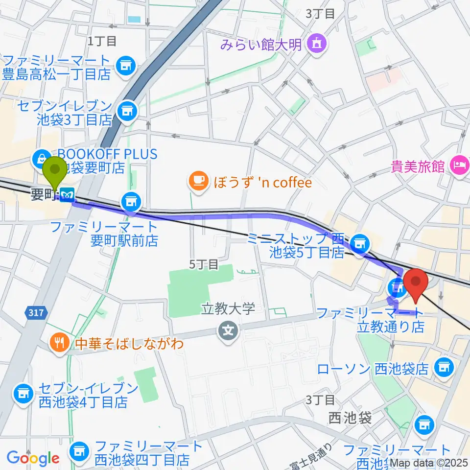 要町駅から池袋フリーフローランチへのルートマップ地図