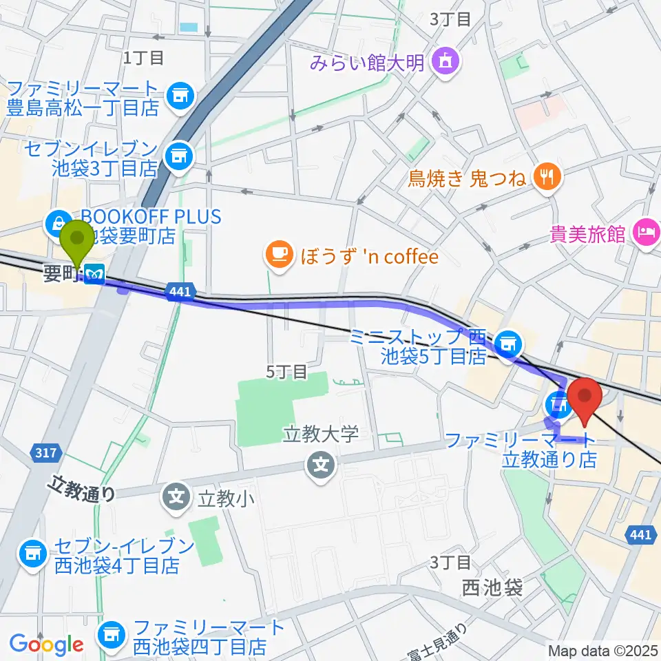 要町駅から池袋フリーフローランチへのルートマップ地図