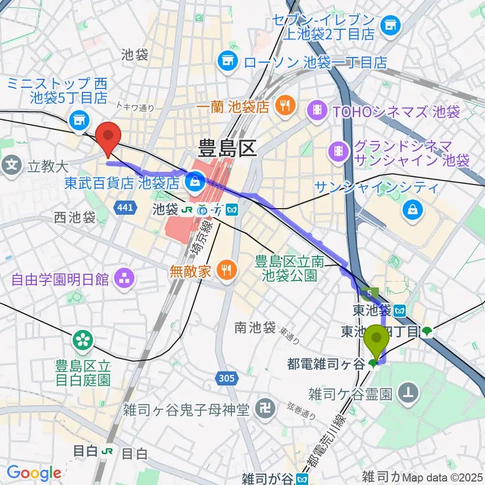 都電雑司ヶ谷駅から池袋フリーフローランチへのルートマップ地図