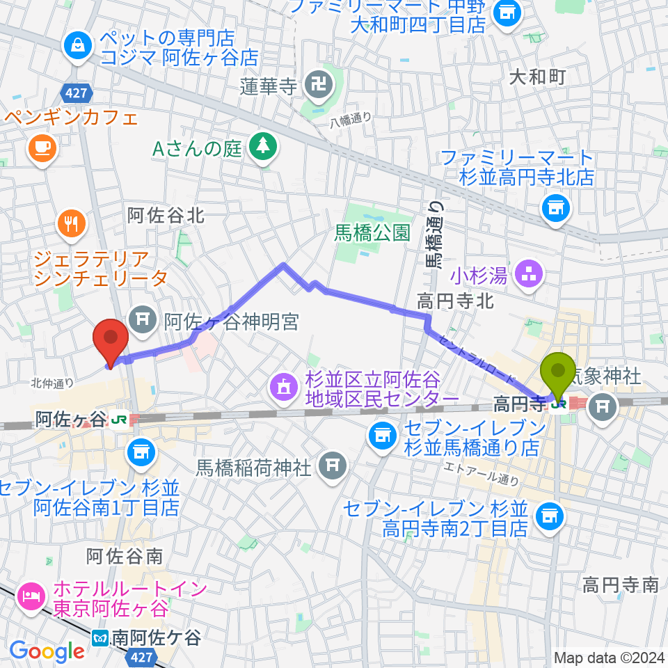 高円寺駅から阿佐ヶ谷ラフォーレへのルートマップ地図