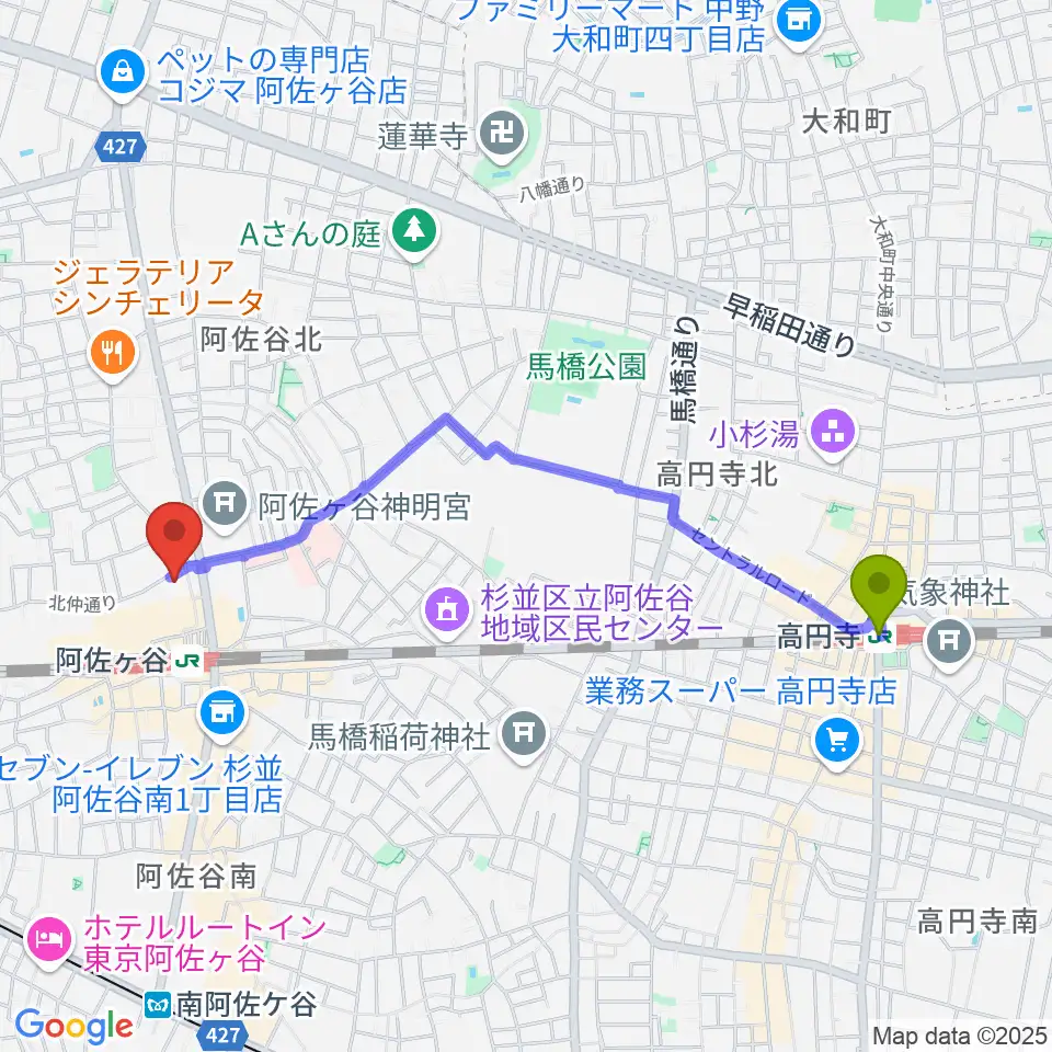 高円寺駅から阿佐ヶ谷ラフォーレへのルートマップ地図