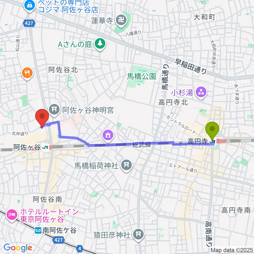 高円寺駅から阿佐ヶ谷ラフォーレへのルートマップ地図