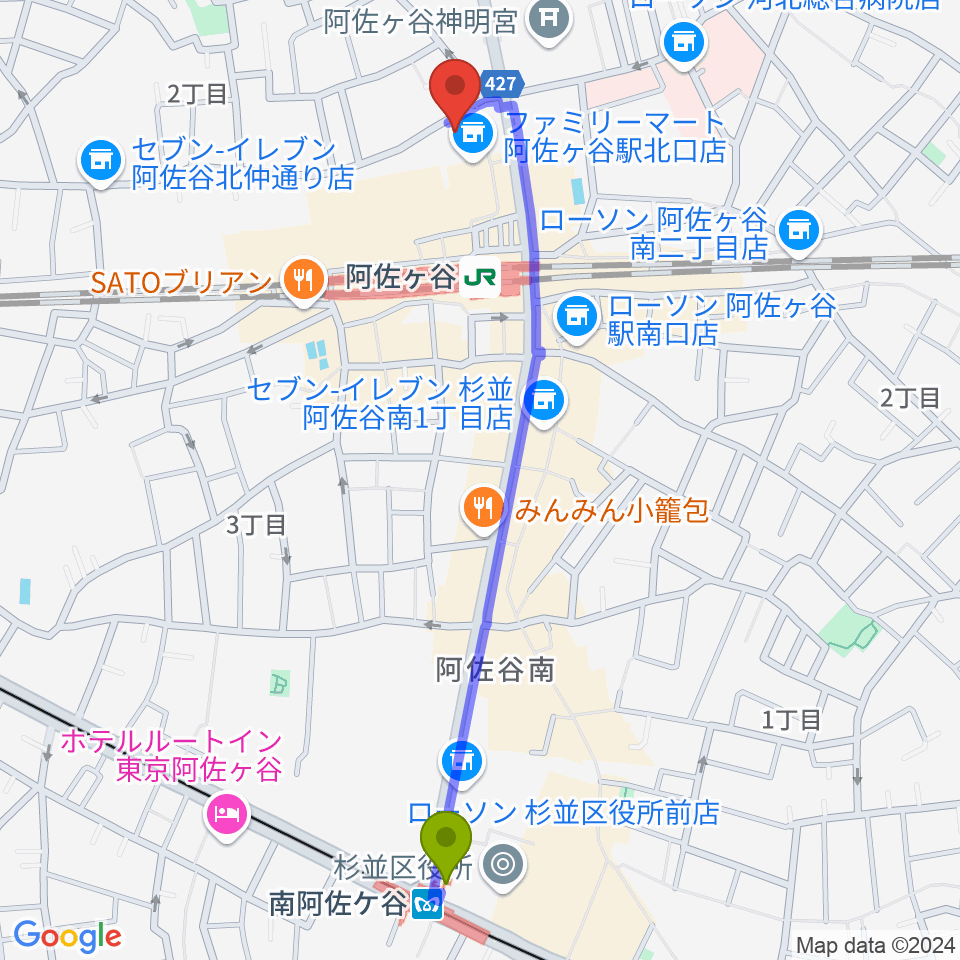 南阿佐ケ谷駅から阿佐ヶ谷ラフォーレへのルートマップ地図