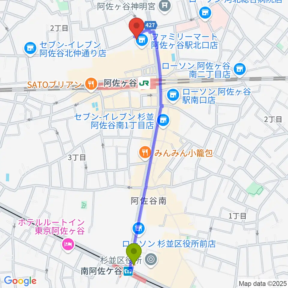 南阿佐ケ谷駅から阿佐ヶ谷ラフォーレへのルートマップ地図