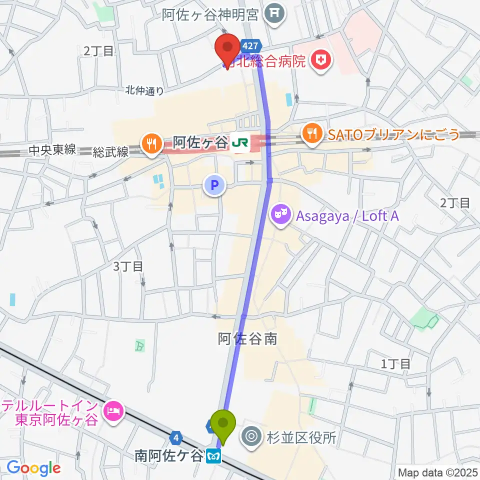 南阿佐ケ谷駅から阿佐ヶ谷ラフォーレへのルートマップ地図