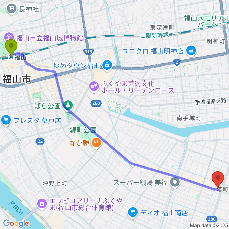 福山駅から音楽館ピアノプラザ福山店へのルートマップ地図
