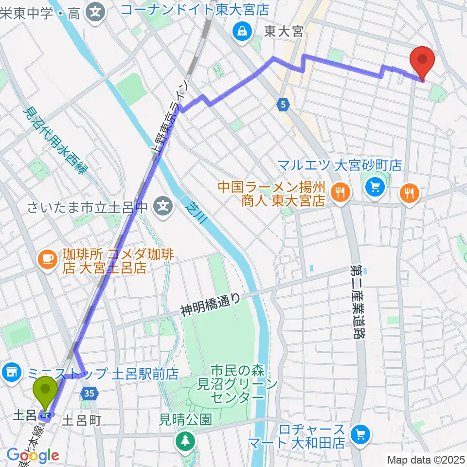 土呂駅から音楽教室 Music Friendsへのルートマップ地図