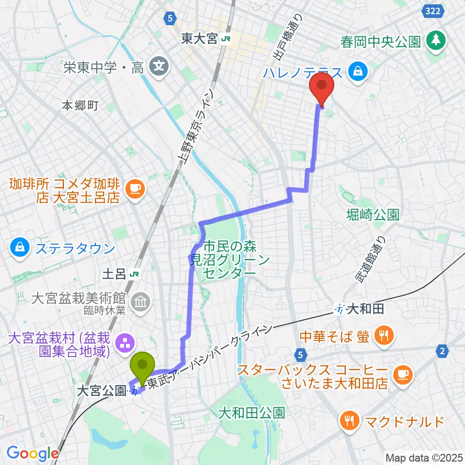 大宮公園駅から音楽教室 Music Friendsへのルートマップ地図