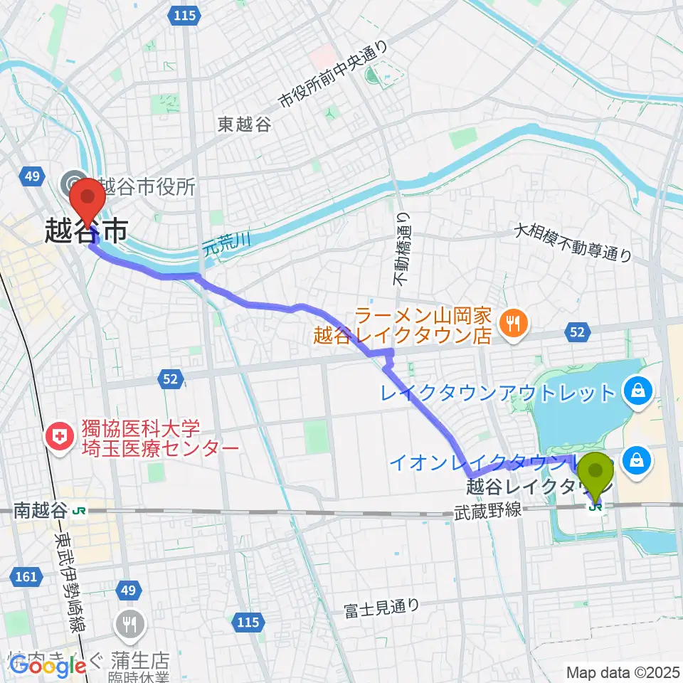 越谷レイクタウン駅から越谷市中央市民会館へのルートマップ地図