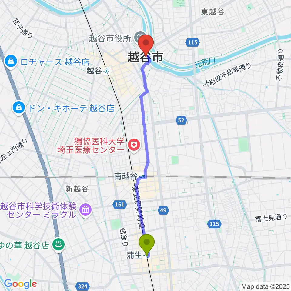 蒲生駅から越谷市中央市民会館へのルートマップ地図
