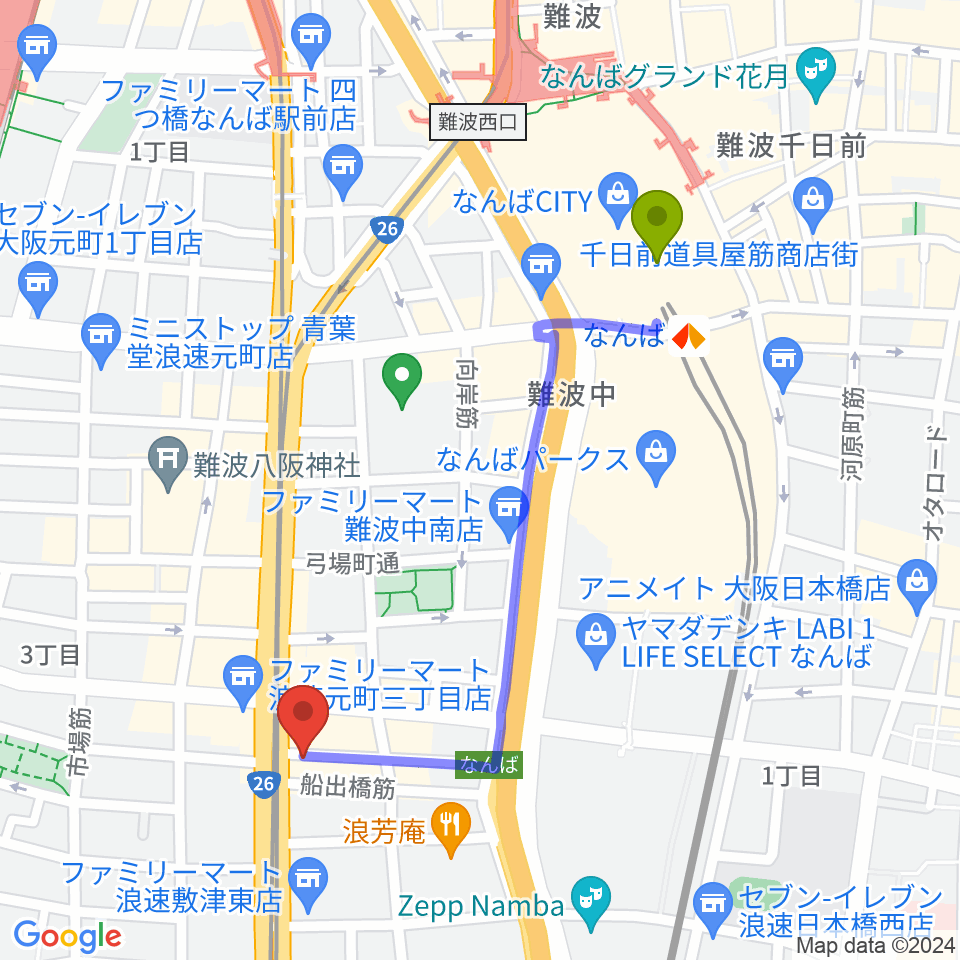 難波駅からOMCグランドピアノスタジオへのルートマップ地図