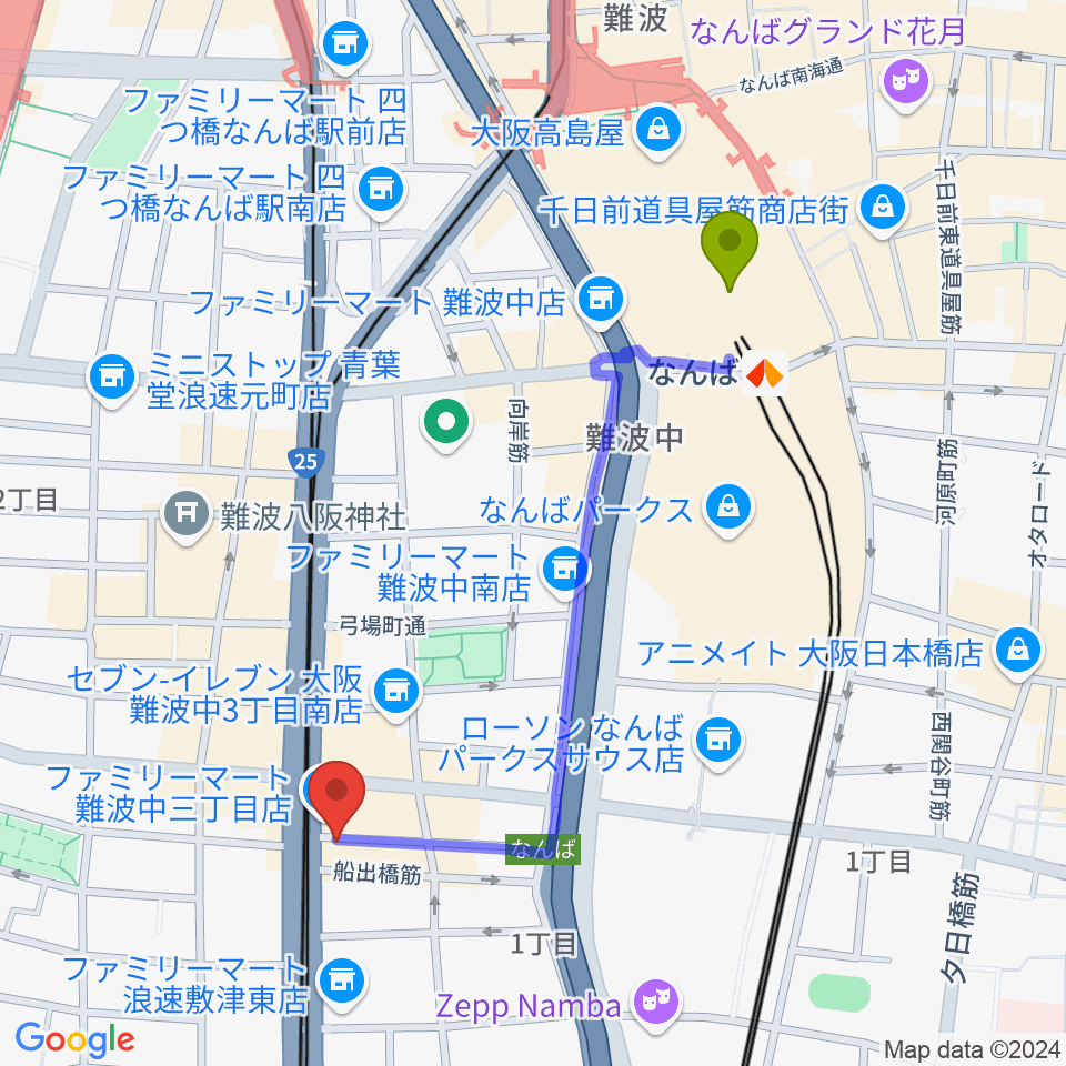 難波駅からOMCグランドピアノスタジオへのルートマップ地図