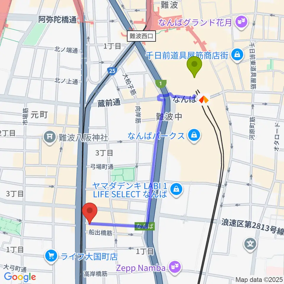 難波駅からOMCグランドピアノスタジオへのルートマップ地図