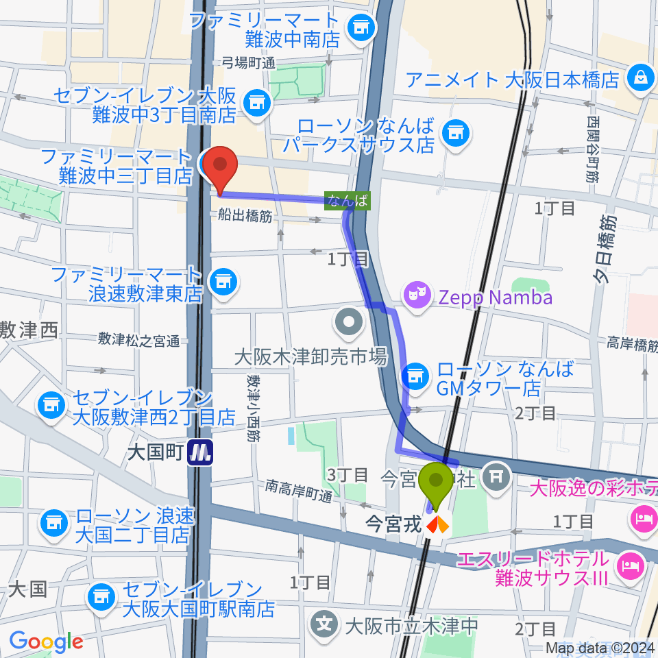 今宮戎駅からOMCグランドピアノスタジオへのルートマップ地図