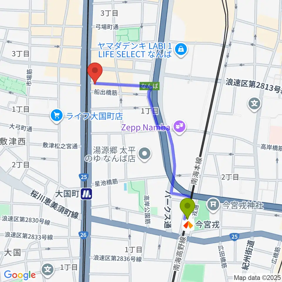 今宮戎駅からOMCグランドピアノスタジオへのルートマップ地図