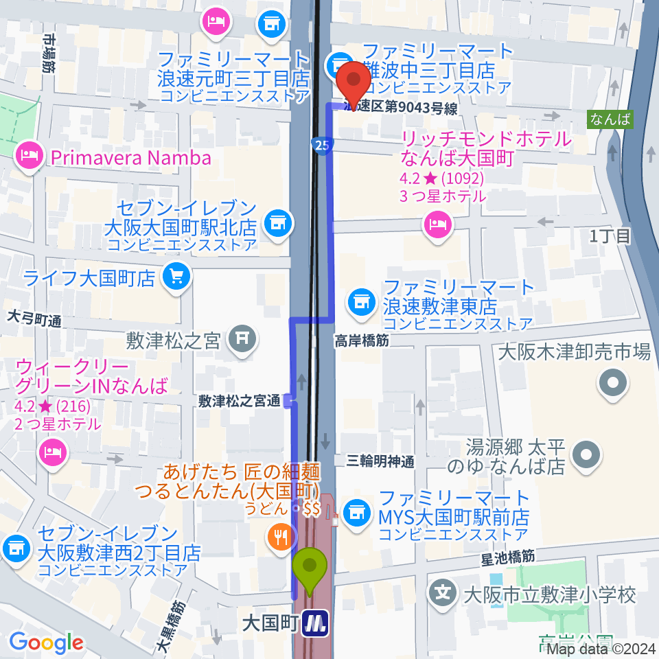 OMCグランドピアノスタジオの最寄駅大国町駅からの徒歩ルート（約6分）地図