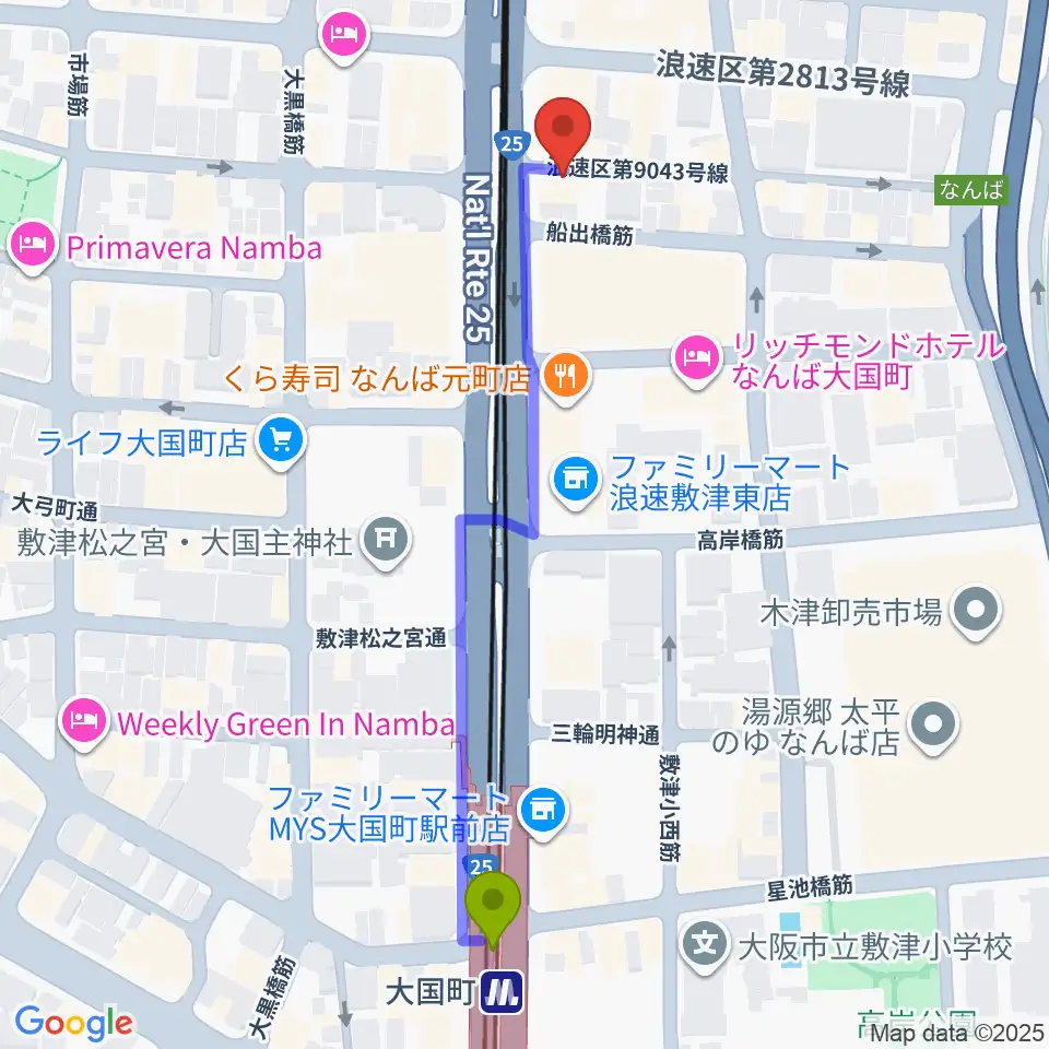 OMCグランドピアノスタジオの最寄駅大国町駅からの徒歩ルート（約6分）地図
