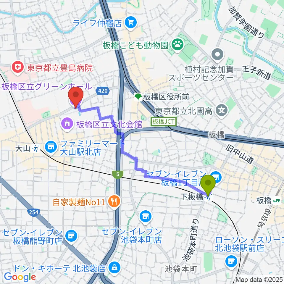 下板橋駅から板橋区立グリーンホールへのルートマップ地図