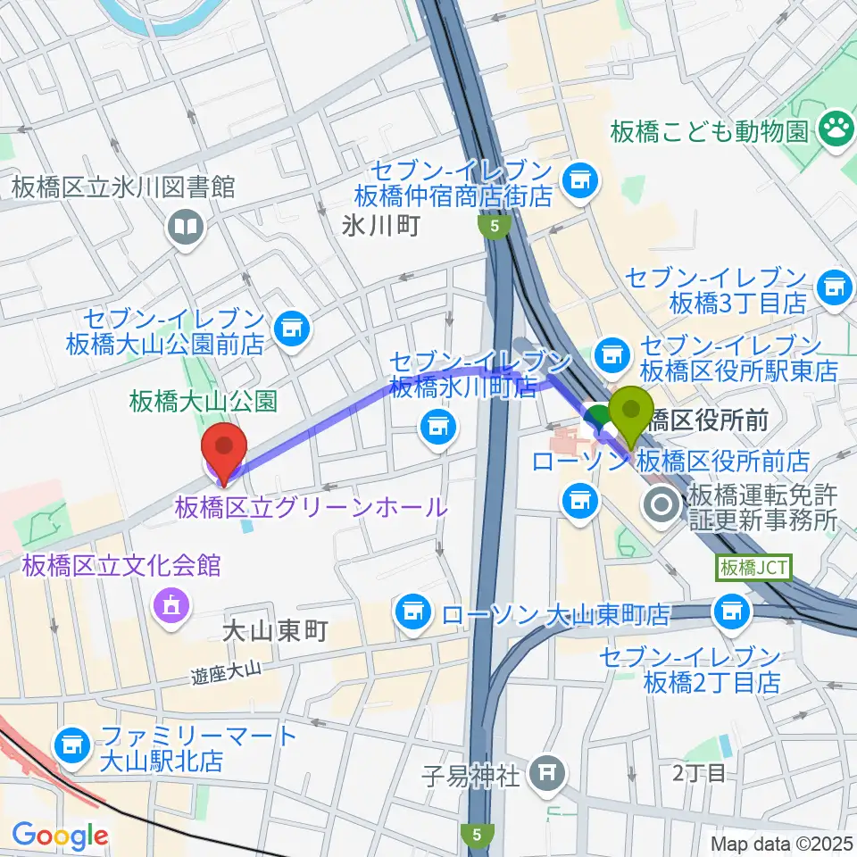 板橋区役所前駅から板橋区立グリーンホールへのルートマップ地図