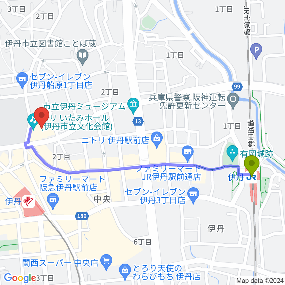 伊丹駅から東リ いたみホールへのルートマップ地図