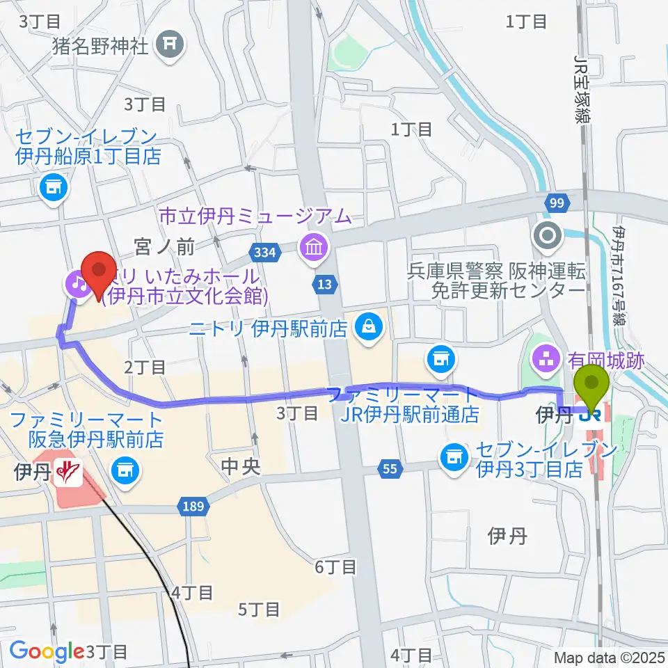 伊丹駅から東リ いたみホールへのルートマップ地図
