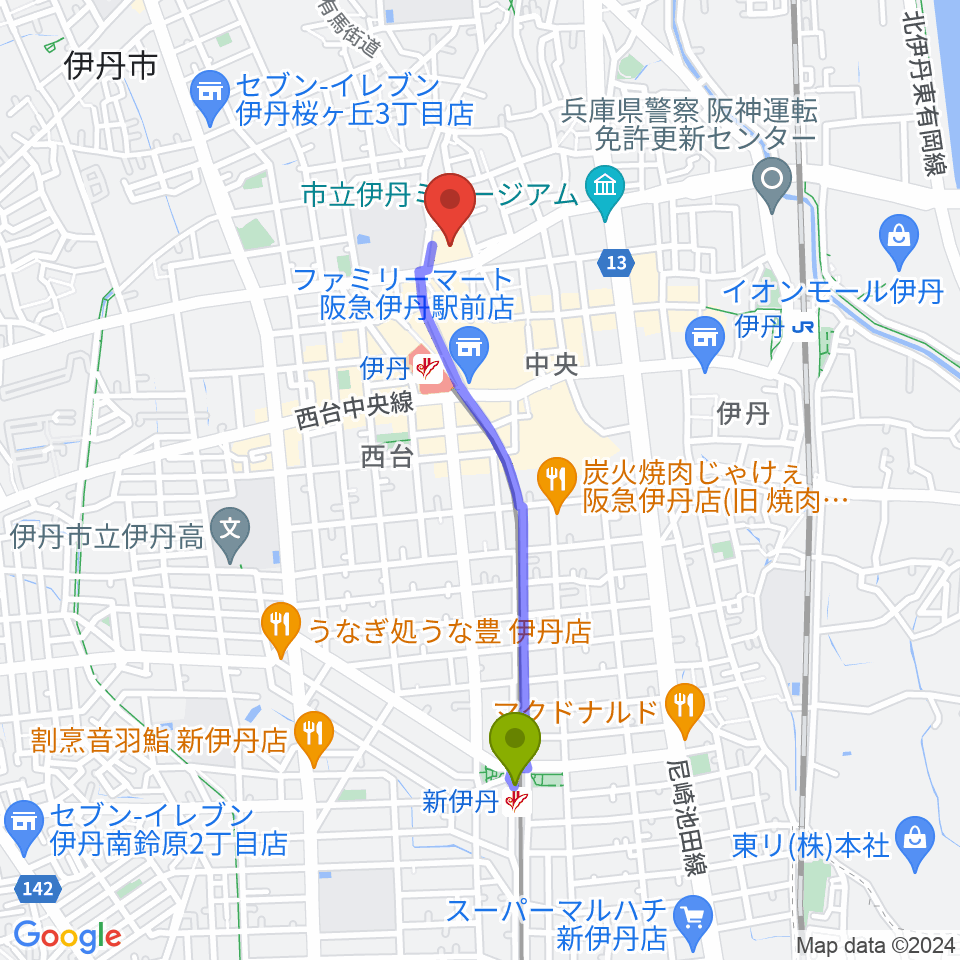 新伊丹駅から東リ いたみホールへのルートマップ地図