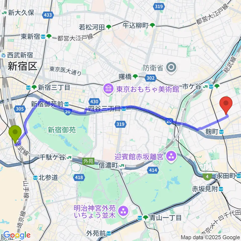 代々木駅から青山ハープ東京ショールームへのルートマップ地図