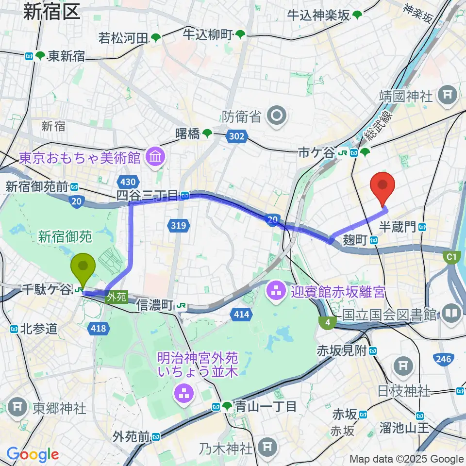 千駄ケ谷駅から青山ハープ東京ショールームへのルートマップ地図