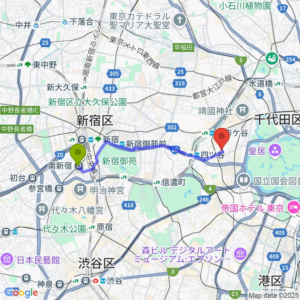 南新宿駅から青山ハープ東京ショールームへのルートマップ地図