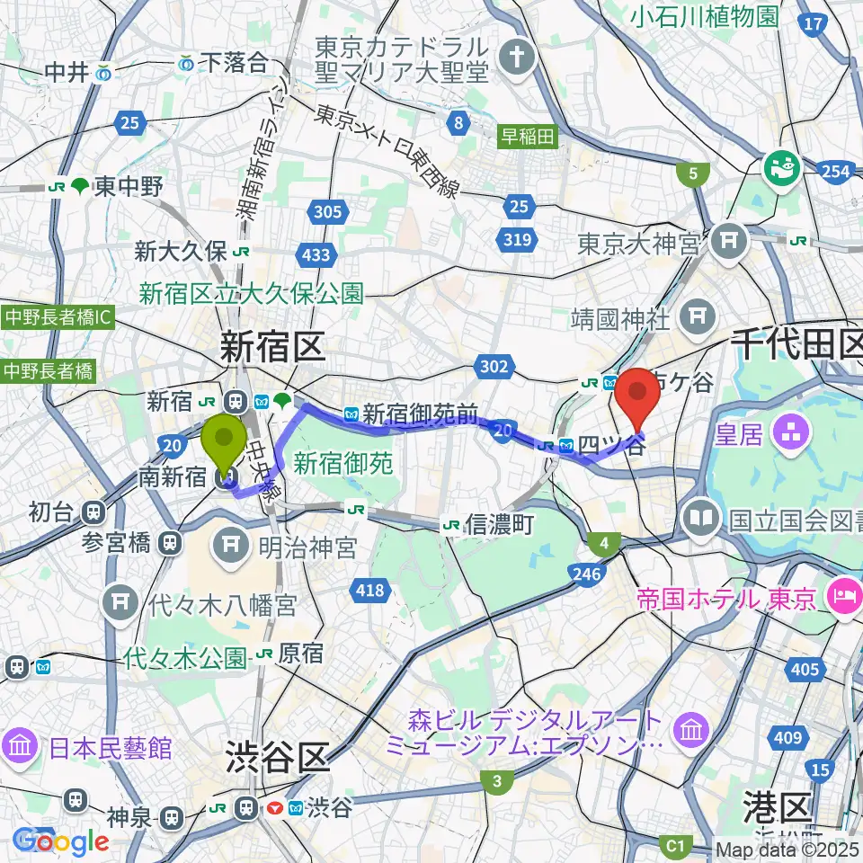 南新宿駅から青山ハープ東京ショールームへのルートマップ地図