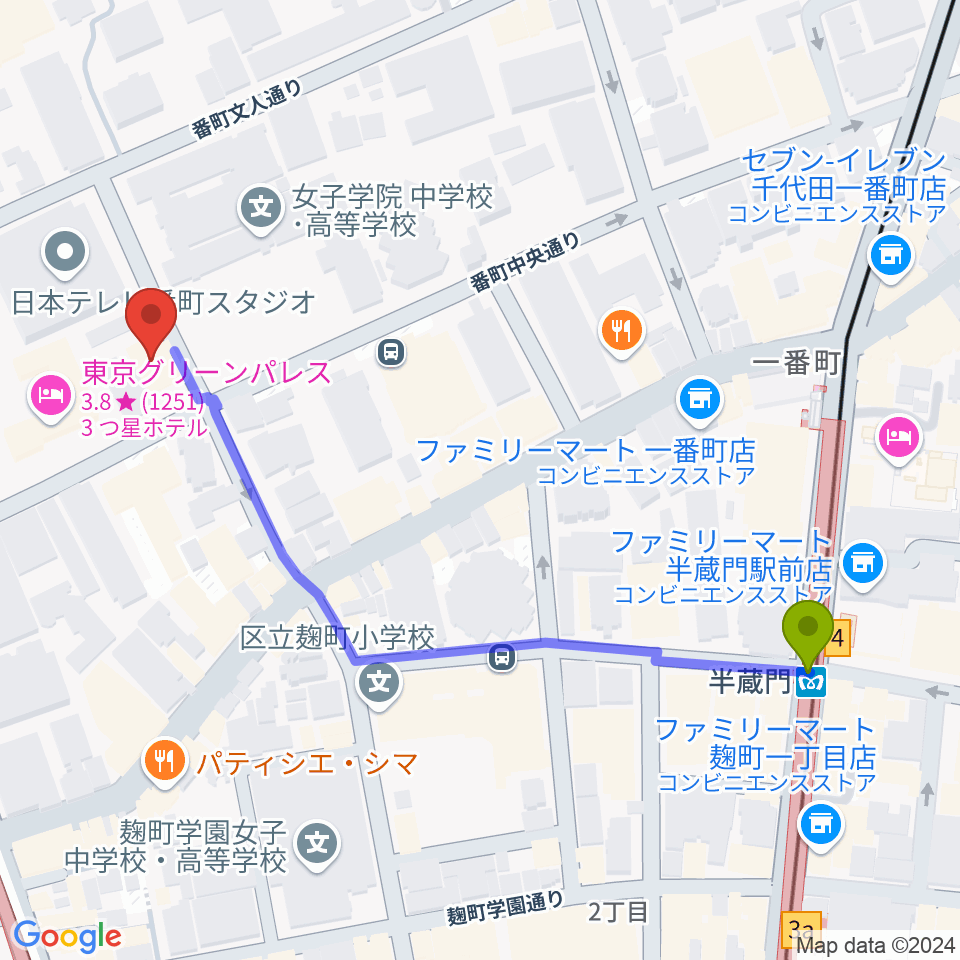 半蔵門駅から青山ハープ東京ショールームへのルートマップ地図