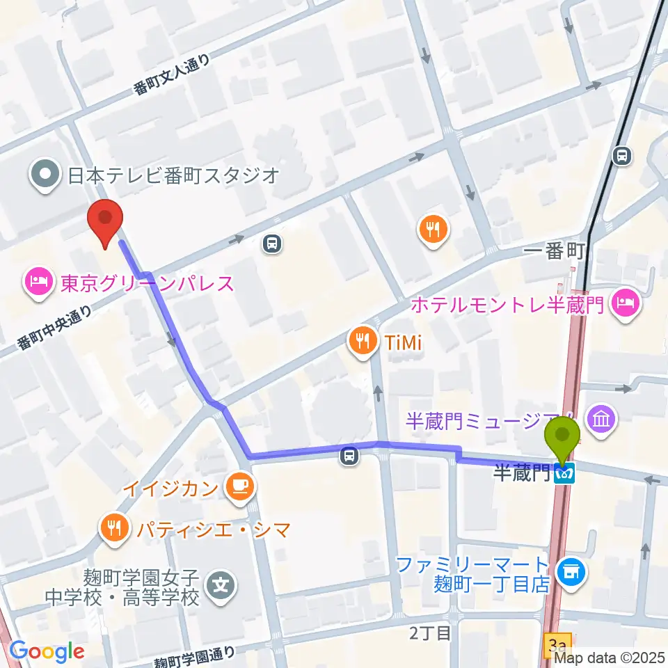 半蔵門駅から青山ハープ東京ショールームへのルートマップ地図