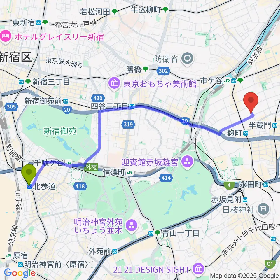 北参道駅から青山ハープ東京ショールームへのルートマップ地図