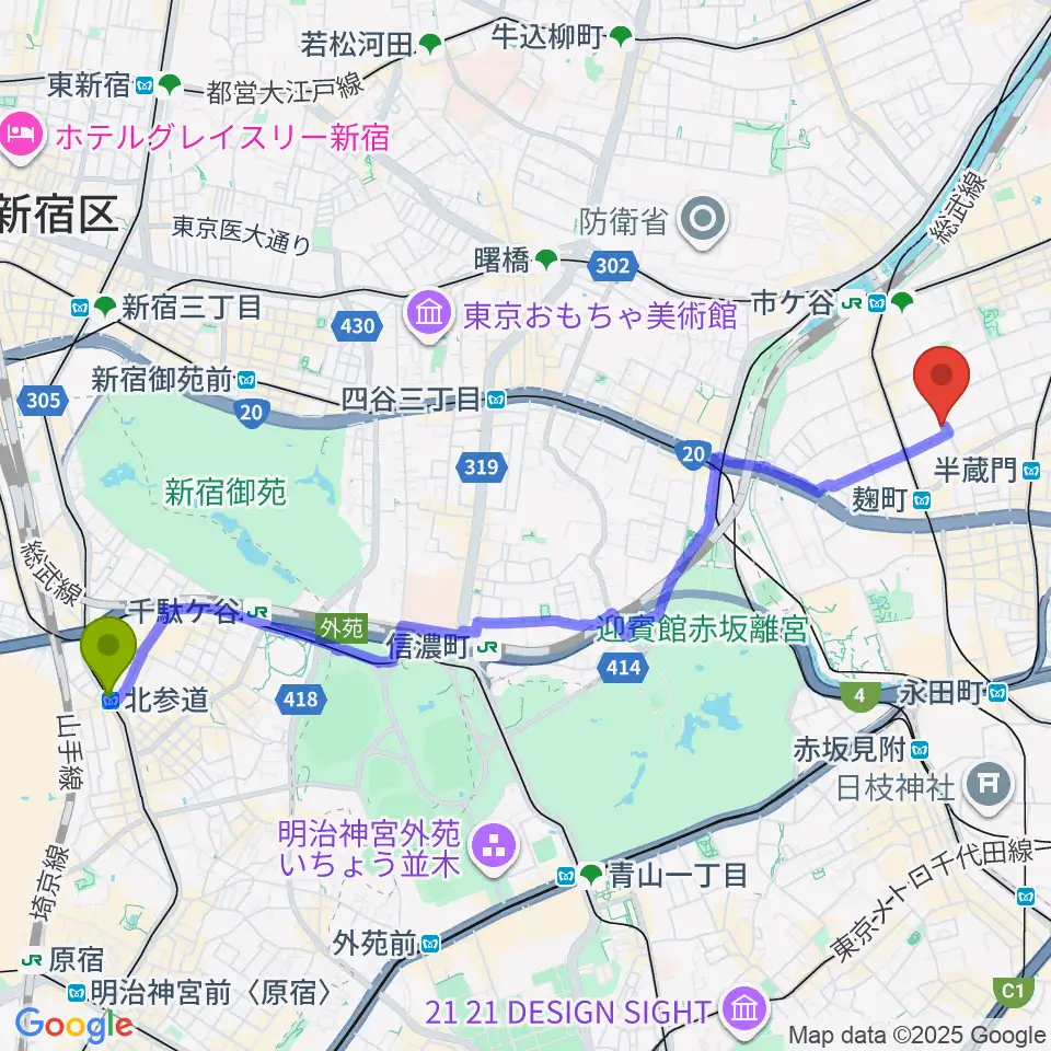 北参道駅から青山ハープ東京ショールームへのルートマップ地図