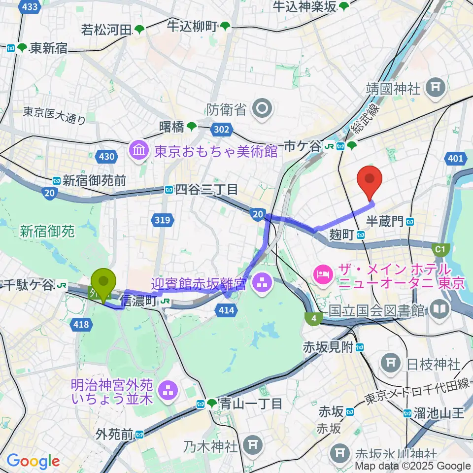 国立競技場駅から青山ハープ東京ショールームへのルートマップ地図